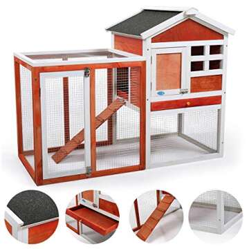 JAXPETY 44" Wooden Rabbit Hutch Cage House Habitat Animal Pet Chicken Coop Indoor Outdoor, Red & White