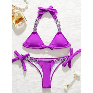 BIKINX Women's Sexy Purple Crystal Thong Bikini Swimsuit