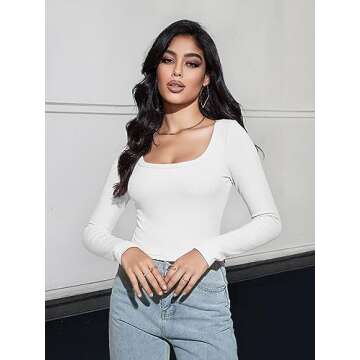 MEROKEETY Women's Long Sleeve Square Neck Crop Top Ribbed Slim Fitted Y2K Casual T-Shirt Tops,White,...