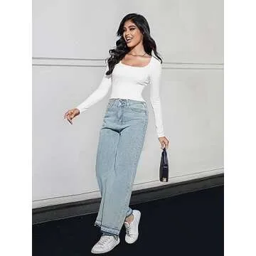 MEROKEETY Women's Long Sleeve Square Neck Crop Top Ribbed Slim Fitted Y2K Casual T-Shirt Tops,White,M