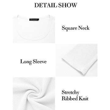 MEROKEETY Women's Long Sleeve Square Neck Crop Top Ribbed Slim Fitted Y2K Casual T-Shirt Tops,White,M