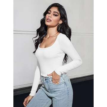MEROKEETY Women's Long Sleeve Square Neck Crop Top Ribbed Slim Fitted Y2K Casual T-Shirt Tops,White,M