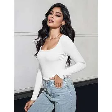 MEROKEETY Women's Long Sleeve Square Neck Crop Top Ribbed Slim Fitted Y2K Casual T-Shirt Tops,White,M