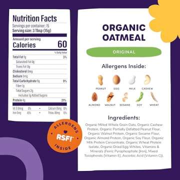 Ready Set Food Organic Baby Oatmeal Cereal – Safe & Easy Early Allergen Exposure for Babies 6+ Months, Organic Baby Food with 9 Top Allergens: Organic Peanuts, Milk, Eggs, Cashews & More (15 Servings) (Original)