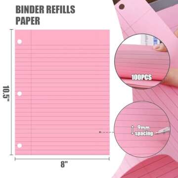 HIBOX 100 Sheets Lined Loose Leaf Paper, Pink 3 Holes Ruled Binder Refill Paper Filler Paper for Wom...