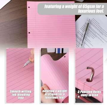 HIBOX 100 Sheets Lined Loose Leaf Paper, Pink 3 Holes Ruled Binder Refill Paper Filler Paper for Women Girls Writing Work Meeting Note Taking