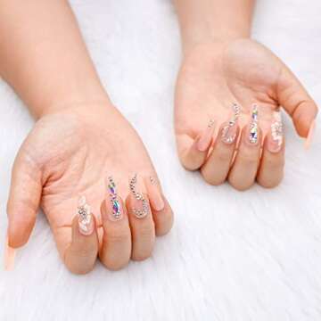 Artquee 24pcs Light Nude Pink Clear Press on Nails Long Ballerina Glossy Fake Nail Art Luxury 3D Flower With Rhinestones Coffin False Tips Artificial Manicure Stick for Women Decoration