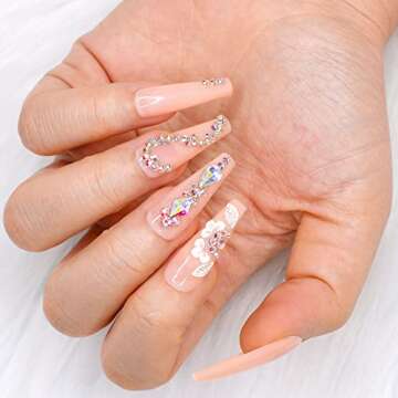 Artquee 24pcs Light Nude Pink Clear Press on Nails Long Ballerina Glossy Fake Nail Art Luxury 3D Flower With Rhinestones Coffin False Tips Artificial Manicure Stick for Women Decoration