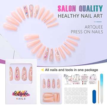Artquee 24pcs Light Nude Pink Clear Press on Nails Long Ballerina Glossy Fake Nail Art Luxury 3D Flower With Rhinestones Coffin False Tips Artificial Manicure Stick for Women Decoration