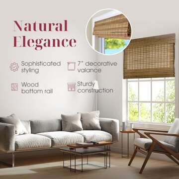 ARLO BLINDS Sheer Bamboo Roman Shades with Valance - Dali Native, 34" W x 60" H - Light Filtering Cordless Blinds for Interior Windows - Real Natural Bamboo Material - Mounting Hardware Included