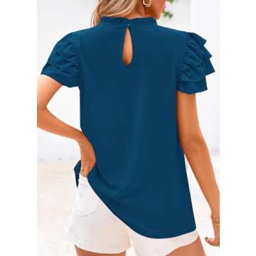 KIRUNDO Womens Blouse 2025 Summer Dressy Casual Ruffle Short Sleeve Frill Mock Neck Work Shirt Tops(...