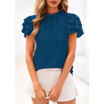 KIRUNDO Womens Blouse 2025 Summer Dressy Casual Ruffle Short Sleeve Frill Mock Neck Work Shirt Tops(Dark Blue, Small)