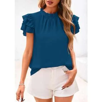 KIRUNDO Womens Blouse 2025 Summer Dressy Casual Ruffle Short Sleeve Frill Mock Neck Work Shirt Tops(Dark Blue, Small)
