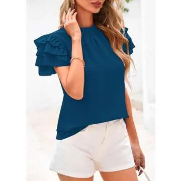KIRUNDO Womens Blouse 2025 Summer Dressy Casual Ruffle Short Sleeve Frill Mock Neck Work Shirt Tops(Dark Blue, Small)