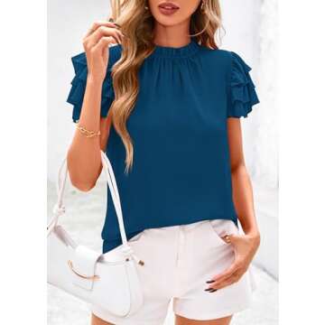 KIRUNDO Womens Blouse 2025 Summer Dressy Casual Ruffle Short Sleeve Frill Mock Neck Work Shirt Tops(Dark Blue, Small)
