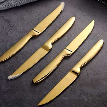 Stainless Steel Serrated Steak Knife Set of 6, BuyGo Gold Color Heavy Duty Dinner Table Knives for C...