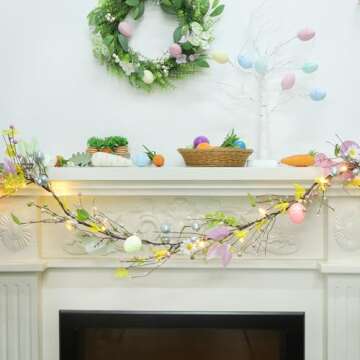 DR.DUDU 6 ft Easter Garland Decoration with Easter Eggs, Pre-Lit Artificial Hanging Floral Garland Spring Decor for Indoor Outdoor Home Kitchen Mantle Fireplace Holiday Easter Party