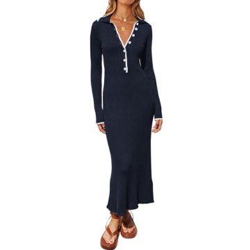 Stylish MASCOMODA Women Fall Long Sleeve V Neck Sweater Dress Casual Maxi