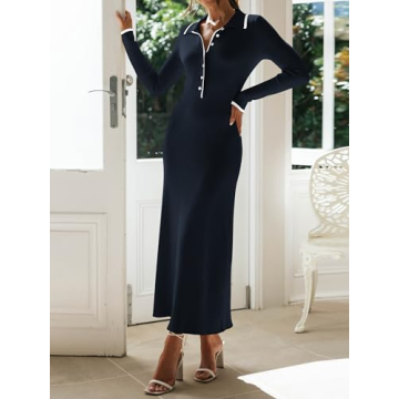 MASCOMODA Women’s Cozy Fall V Neck Sweater Dress - Dark Blue