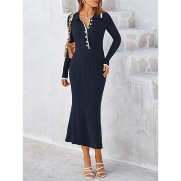 MASCOMODA Women’s Cozy Fall V Neck Sweater Dress - Dark Blue