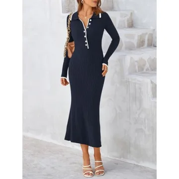 MASCOMODA Women’s Cozy Fall V Neck Sweater Dress - Dark Blue