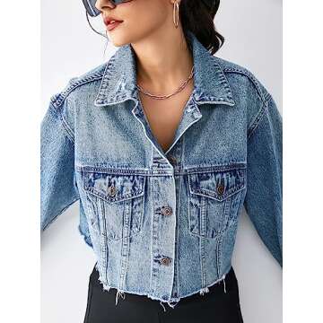 EG CHRIS G Women's Blue Jean Jacket Button Up Long Sleeve Loose Oversized Cropped Denim Jackets Coat...