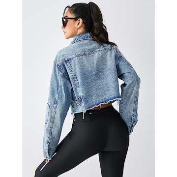 EG CHRIS G Women's Blue Jean Jacket Button Up Long Sleeve Loose Oversized Cropped Denim Jackets Coats (L,Mid Blue)…