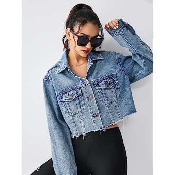EG CHRIS G Women's Blue Jean Jacket Button Up Long Sleeve Loose Oversized Cropped Denim Jackets Coats (L,Mid Blue)…