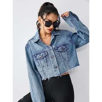 EG CHRIS G Women's Blue Jean Jacket Button Up Long Sleeve Loose Oversized Cropped Denim Jackets Coats (L,Mid Blue)…