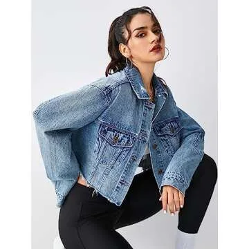 EG CHRIS G Women's Blue Jean Jacket Button Up Long Sleeve Loose Oversized Cropped Denim Jackets Coats (L,Mid Blue)…