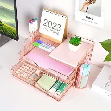gianotter 3 Tier Desk Drawer Organizer with 2 Pen Holder, Desk Accessories & Workspace Organizers for Home Office Supplies (Rose Gold)