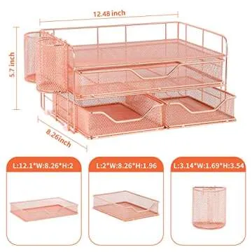 gianotter 3 Tier Desk Drawer Organizer with 2 Pen Holder, Desk Accessories & Workspace Organizers for Home Office Supplies (Rose Gold)