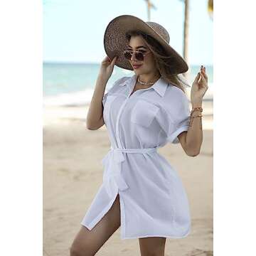 Zeagoo Women's Shirt Dress Button Down Summer Casual Short Sleeve Tunic Tops Mini Dresses with Belt