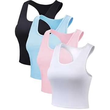 Boao 4 Pieces Basic Crop Tank Tops Sleeveless Racerback Crop Top for Women (Black, White, Blue, Pink, Small)
