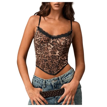 GORGLITTER Women's Leopard Print Lace Trim Crop Cami Top Asymmetrical Hem Sleeveless Camisole Brown ...