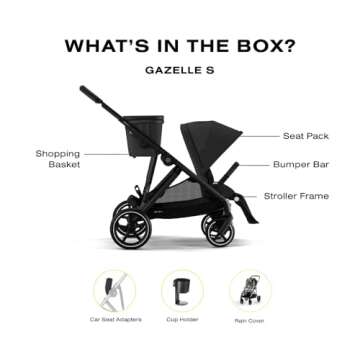 Cybex Gazelle S All-in-One Toddler and Baby Stroller with Over 20 Modular Configurations, Ergonomic Near-Flat Recline, Shopper Basket, and Compact Fold,Moon Black, Black Frame