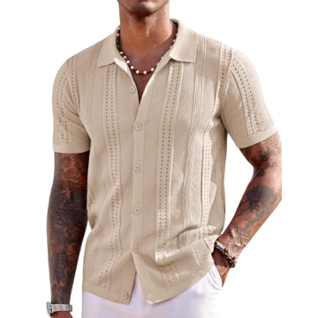 COOFANDY Men's Knit Shirts Short Sleeve Button Up Polo Shirt Fashion Casual Summer Beach Shirts, Apr...