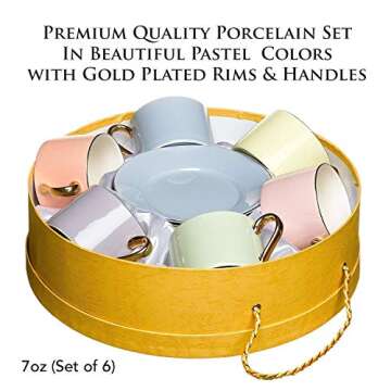 Yedi Houseware Classic Coffee and Tea Cups & Saucers - Elegant Porcelain Set with Gold Accents