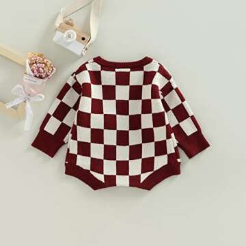 BemeyourBBs Toddler Baby Boy Girl Knit Sweater Romper Sweatshirt Soft Warm Fall Winter Clothes Matching Brother Sister Outfit (Plaid Wine Romper,3-6 Months)