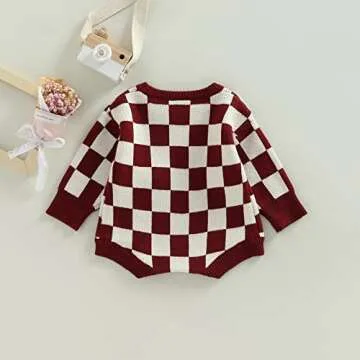 BemeyourBBs Toddler Baby Boy Girl Knit Sweater Romper Sweatshirt Soft Warm Fall Winter Clothes Matching Brother Sister Outfit (Plaid Wine Romper,3-6 Months)