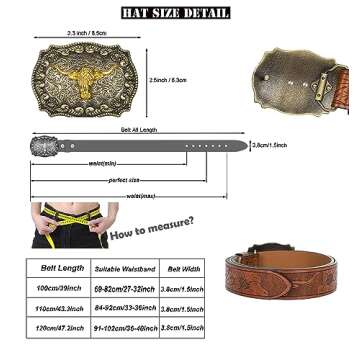HinyBoeh Western-PU-Leather-Belts for Men and Women Cowboy-Cowgirl Longhorn-Bull-Pattern-Engraved-Bu...