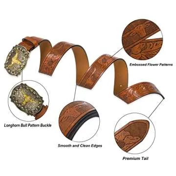 HinyBoeh Western-PU-Leather-Belts for Men and Women Cowboy-Cowgirl Longhorn-Bull-Pattern-Engraved-Buckle-Belt for Unisex