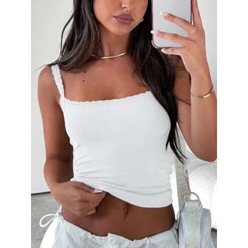 zhaistar Women’s Y2K Camisole Lace Trim Strappy Crop Cami Going Out Tank Top Sleeveless Slim Fit Shirt White XS