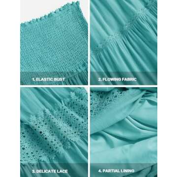 ZESICA Women's Summer Bohemian Strapless Off Shoulder Lace Trim Backless Flowy A Line Beach Long Maxi Dress,Aqua,Small