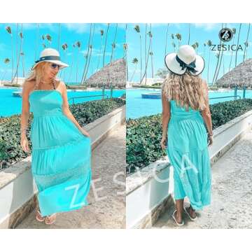 ZESICA Women's Summer Bohemian Strapless Off Shoulder Lace Trim Backless Flowy A Line Beach Long Maxi Dress,Aqua,Small
