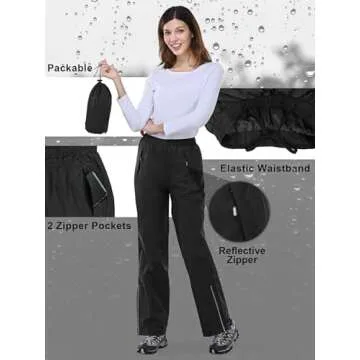 Outdoor Ventures Women's Rain Pants Packable Waterproof Hiking Pants Windproof Breathable Outdoor Rain Over Pants Black