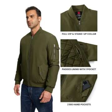 TBMPOY Men's Bomber Jacket Lightweight Winter Windbreaker Zip Up Padded Softshell Windproof Water-Resistant Casual Fall Coat Army Green XS