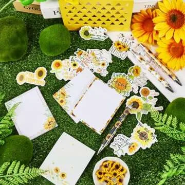 82 Pcs Sunflower Theme Office Supplies for Women Men Include 50 Sunflower Stickers 20 Push Pins 3 Pattern Retractable Pen 9 Sunflower Sticky Note Pads for Offices Schools