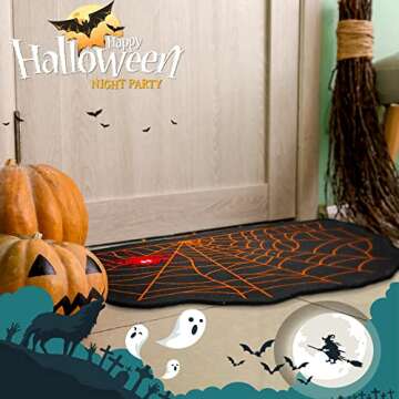Halloween Door Mat Outdoor Non Slip Spider Web Welcome Rug Horror Halloween Doormat Spooky Bath Rug Indoor Scary Halloween Rug Doormat for Entrance, Home, Front Door Decoration, 17 x 29 Inches Indoor