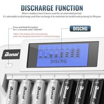 BONAI 8+1 Bay AA AAA Battery Charger with LCD Display for AA AAA NiMH NiCd & 9V Rechargeable Batteries Independent Control and Standard American AC Charging Plug